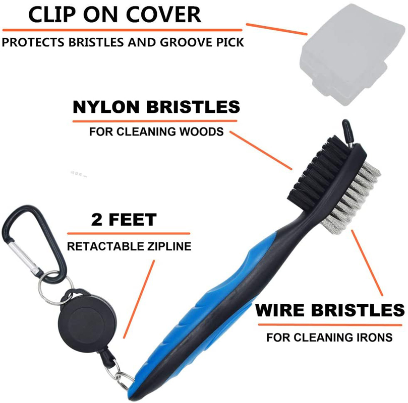 Golf Club Brush Groove Cleaner with Retractable Zip-line and Aluminum Carabiner Cleaning Tools