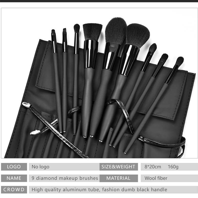9pcs Diamond Black Makeup Brushes Set w/Bind PU Bag