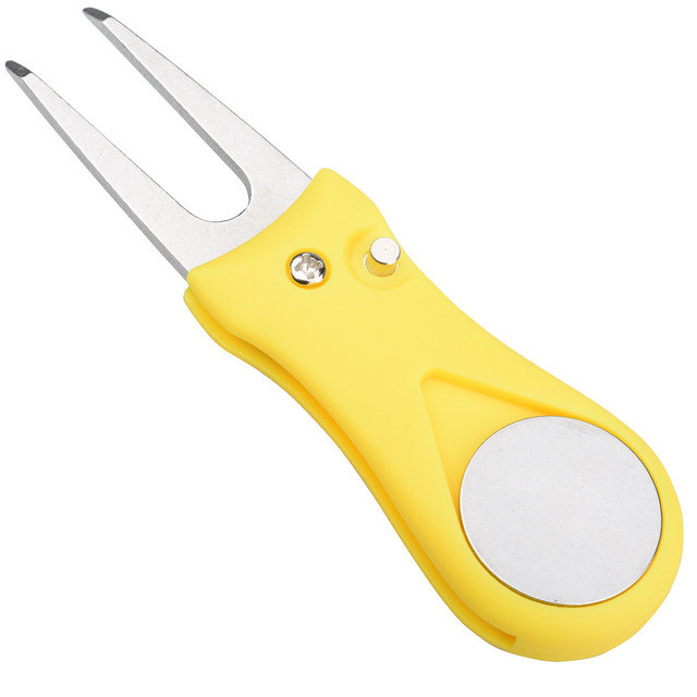Metal Foldable Golf Divot Tool w/ Pop-up Button And Magnetic Ball Marker
