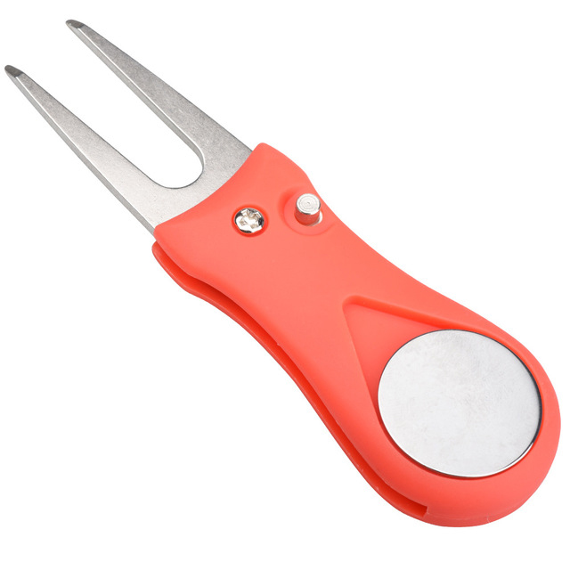Metal Foldable Golf Divot Tool w/ Pop-up Button And Magnetic Ball Marker