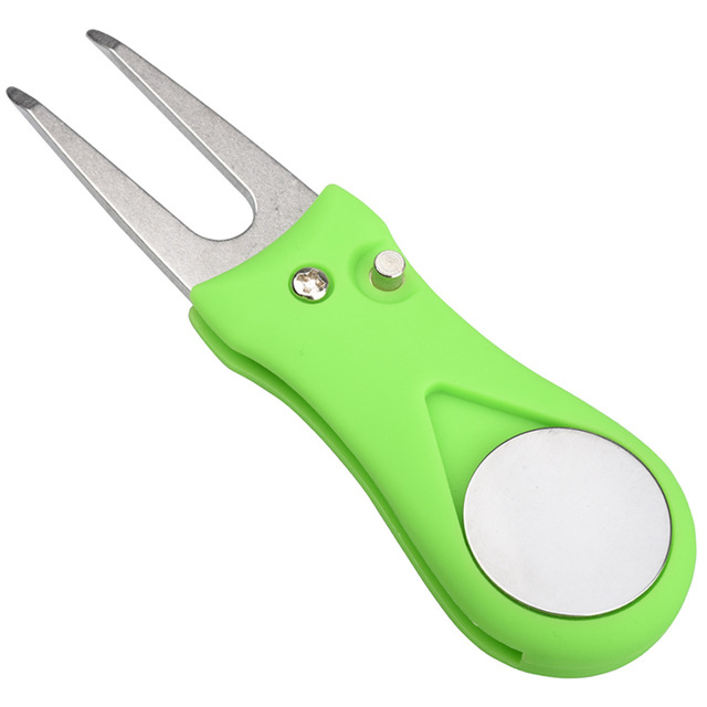 Metal Foldable Golf Divot Tool w/ Pop-up Button And Magnetic Ball Marker