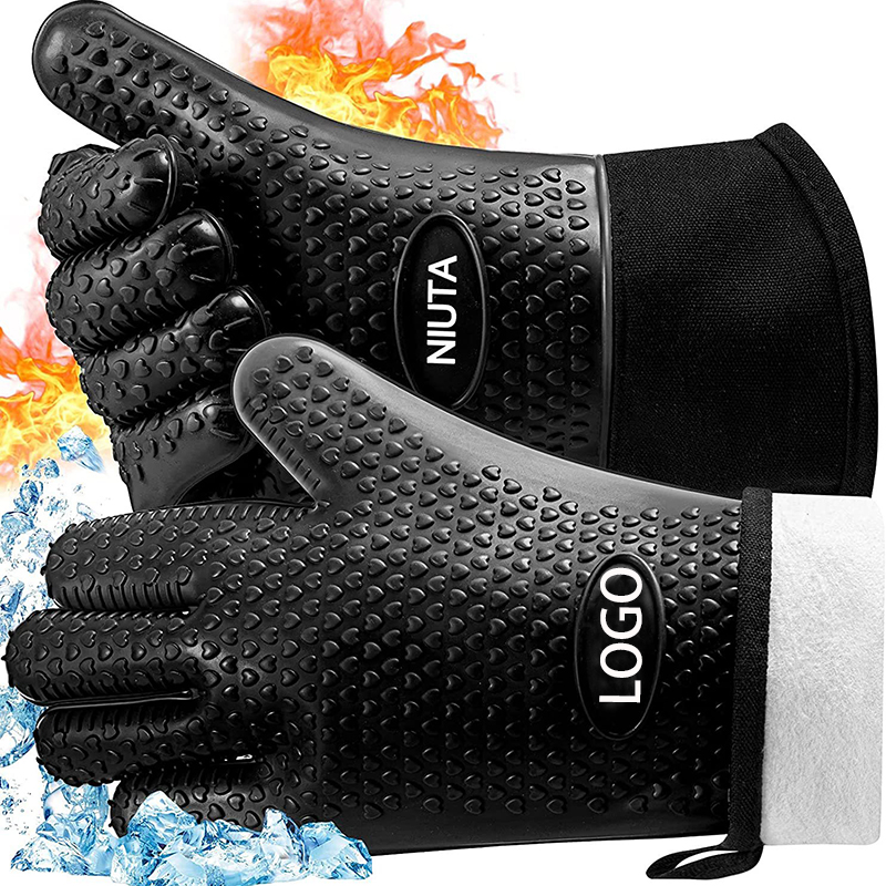 Long Silicone Waterproof BBQ Kitchen Grilling Gloves w/Inner Cotton Layer 