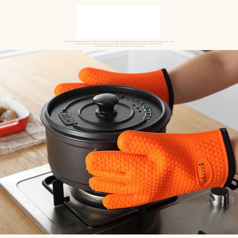 Long Silicone Waterproof BBQ Kitchen Grilling Gloves w/Inner Cotton Layer 