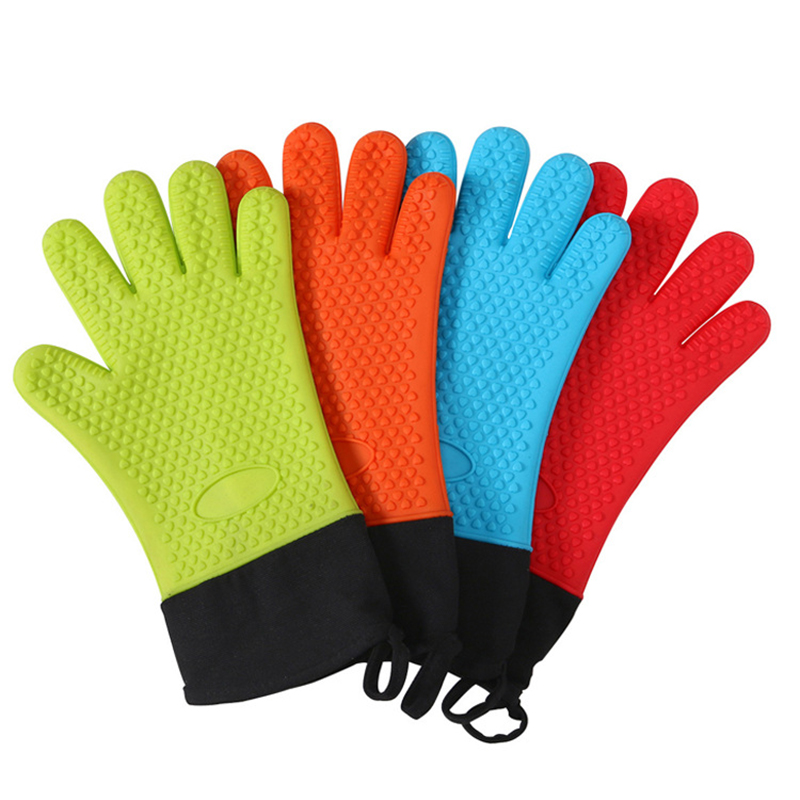 Long Silicone Waterproof BBQ Kitchen Grilling Gloves w/Inner Cotton Layer 