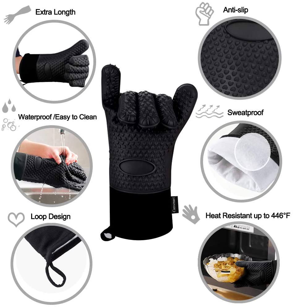 Long Silicone Waterproof BBQ Kitchen Grilling Gloves w/Inner Cotton Layer 